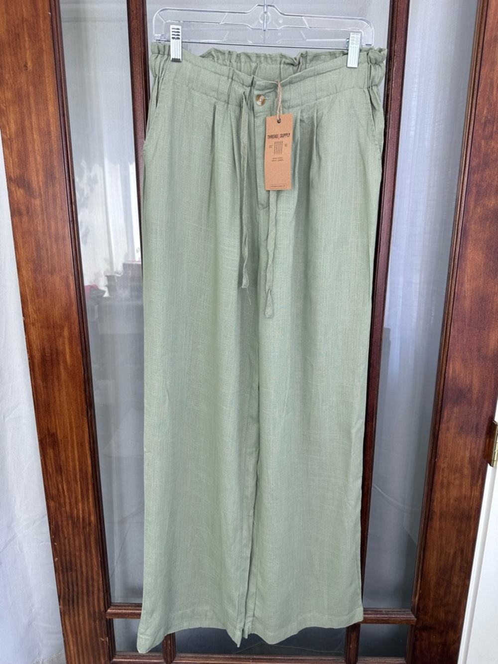 Light Sage Wide-Leg Pull-On Pants with Tie Waist